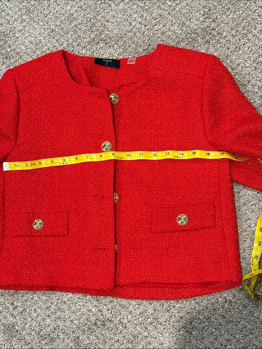 NWOT Tahari Red Cropped Tweed Style Blazer with Gold Buttons - Picture 6 of 8